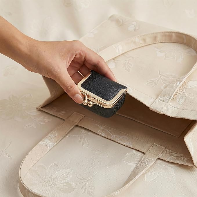 Genuine Leather Mini Jewelry Box Portable Vintage-Inspired Leather Small Coin Purse Jewelry Organizer Case Mini Travel Ring Box with Kiss Lock for Women Earring Ring Necklace