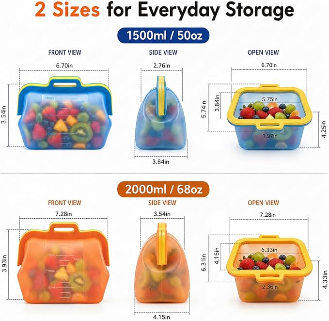 Magnetic Fast Seal Reusable Storage Bags, NUZEAK Silicone Reusable Food Storage Bags, Stand Up Silicone Freezer Bags for Food, Fruit, Snack, Sandwich, Meal Prep, Dishwasher Safe, 68oz, 1 Pack