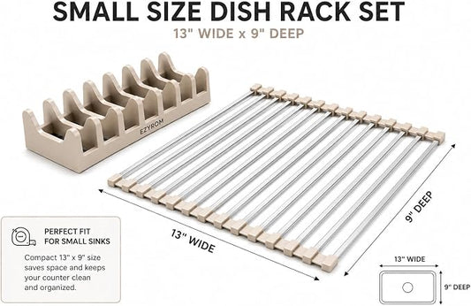 Small Aluminum Roll Up Dish Drying Rack with Removable Dish Holder (9" × 13") for Camping, RV, Camper, Boat & Narrow Sinks, Rust-Proof Square Bar, Beige