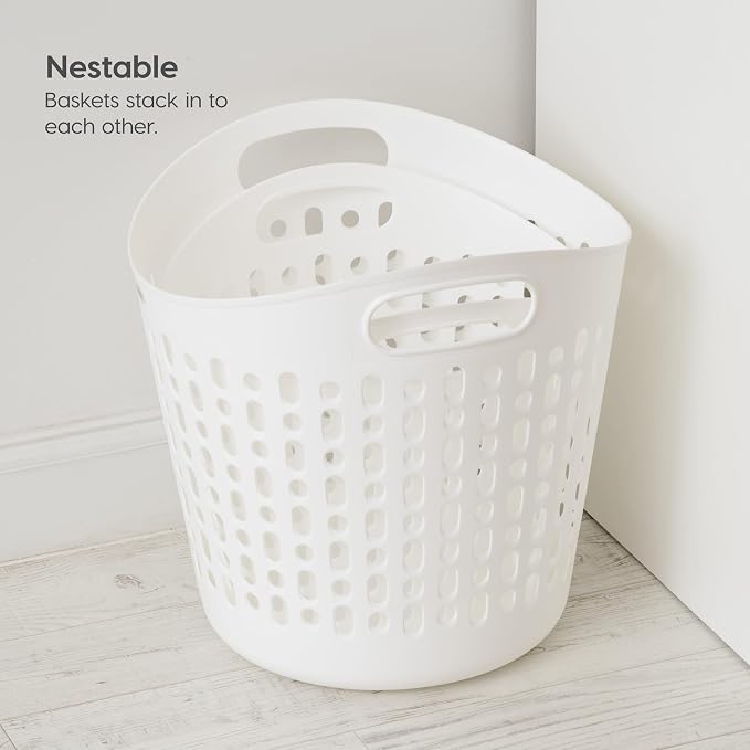 IRIS USA Plastic Laundry Hamper, 40L- 3 PK, Flexible, Ventilation, White | Laundry Baskets for Bedroom Bathroom Apartment Dorm, Blankets Pillows Trinkets Storage