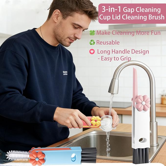 Cup Lid Gap Cleaning Brush, 3 in 1 Cup Lid Brush, Multifunctional Water Bottle Cleaning Brush, Home Kitchen Crevice Brush Tools for Tiny Cup Lid Detail, Bottle Tight Spaces Cup(3 PCS)