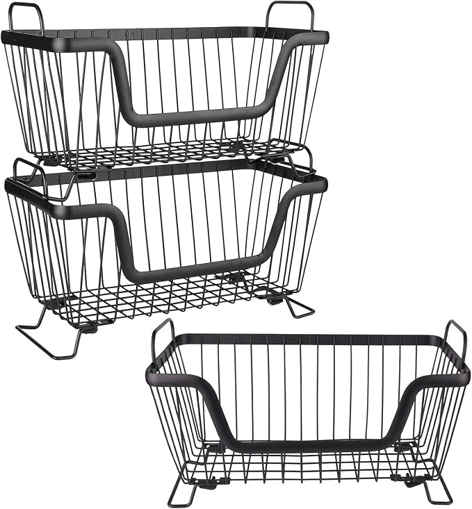 LOTTS Stackable Wire Basket, Metal Pantry Basket, Storage Organizer Bin with Handles, Fruit Basket for Kitchen Cabinets, Pantry, Closets, Bedrooms, Bathrooms (12.66.57.6") - 3 Pack