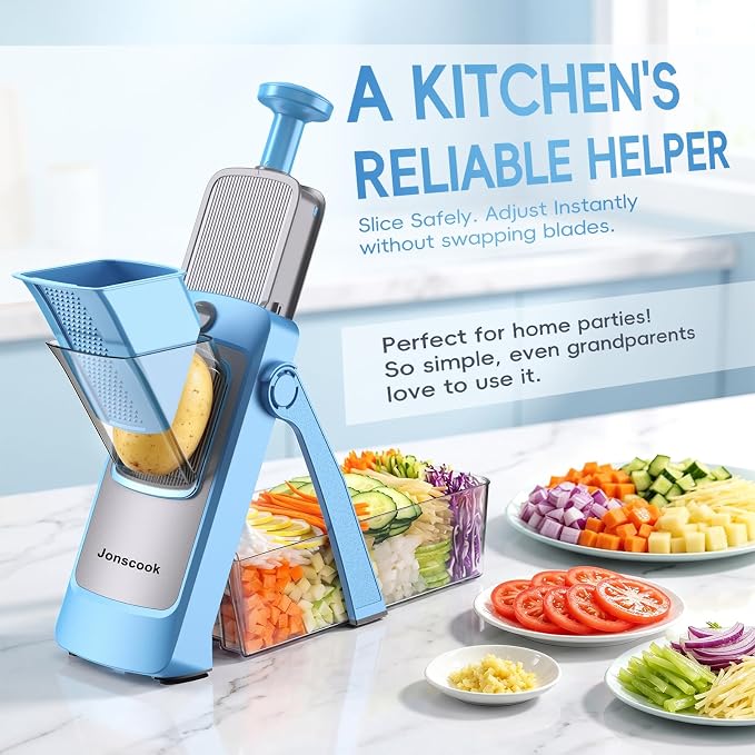 Jonscook All-in-1 Safe Mandoline Slicer for Kitchen, Vegetable Slicer with Container, Adjustable Veggie Mandoline, French Fry Cutter, Potato/Tomato/Onion Slicer, Grater/Cleaning Brush (Blue)