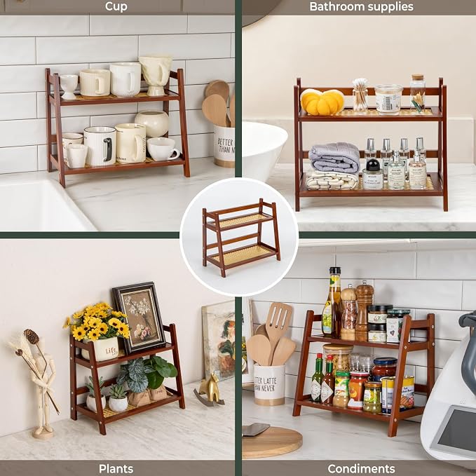 ANBOXIT Matcha Station Organizer, Countertop Bamboo Coffe & Tea Station | Rattan-Look 2 Tier Mug Holder Display Stand for Kitchen Condiment, Coffee Accessories, Home, Office - Brown