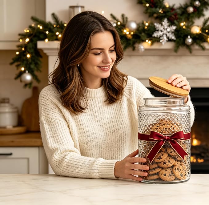 Prettidecor 1 Gallon Large Airtight Glass Storage Jars with Bamboo Lid, Kitchen Pantry Bathroom Laundry Room Organizer Canisters for Flour Rice Sugar Pasta Coffee Bean Cookies Popcorn Bath Salts