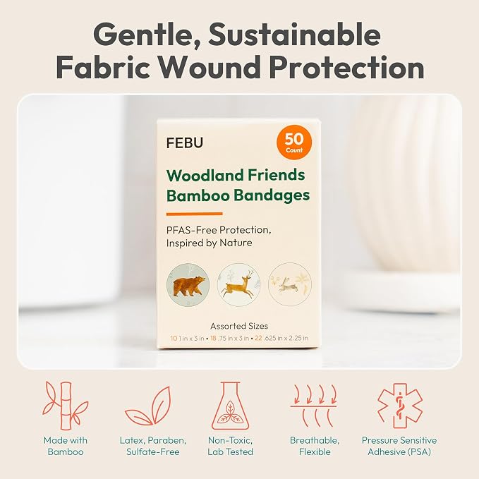 FEBU Woodland Friends Print Bamboo Fabric Bandages, 50 Count Strip | PFAS Free, Natural Hypoallergenic, Compostable, Latex Free; For Scraps, Cuts and First Aid