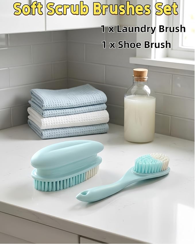 2 Pack Soft Bristle Cleaning Scrub Brush Laundry Brush Scrubber Brush | Soft Scrub Brush for Clothes, Carpet and Fabric Stain Removal, Scrubbing Brush with Ergonomic Handle Household Cleaning