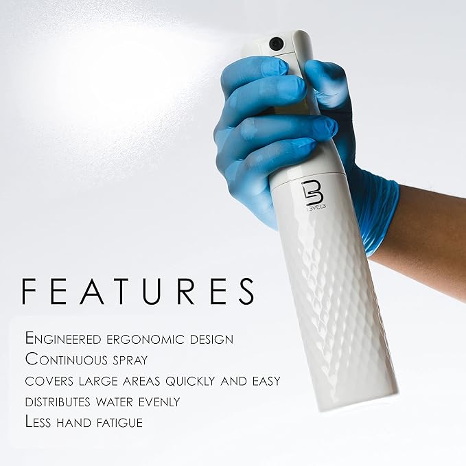L3 Beveled Spray Bottle - Continuous Spray with a Fine Mist Pattern - Barber and Hair Stylist Supplies - Less Hand Fatigue Compared to Standard Bottles - Level Three Barber Spray - 300 ml (White)