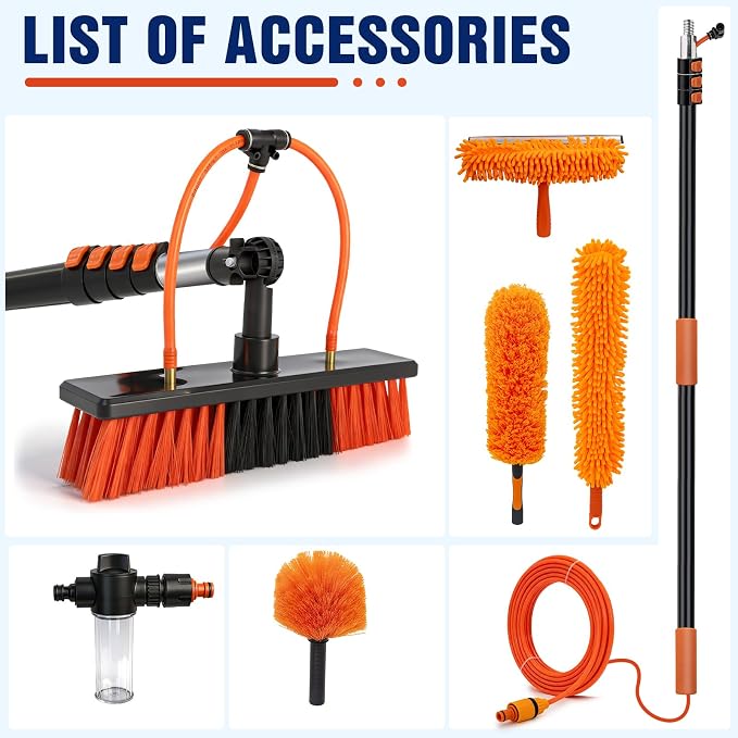 Up to 24FT Reach Water Fed Pole Window Cleaning Kit, 18FT Telescopic Extension Pole with 180° Rotating Brush & Built-in Soap Dispenser for Solar Panels, Windows, RVs, Gutters & Exterior Walls