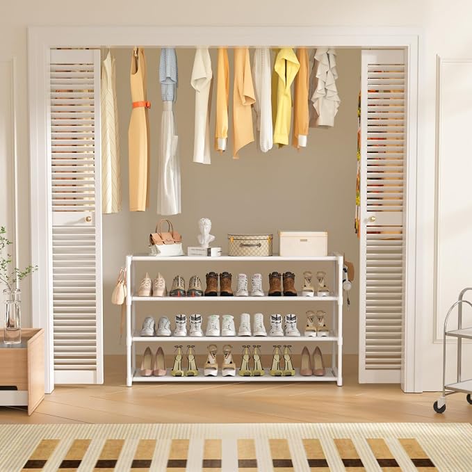 LUKYTOWER Extra Long Shoe Rack 4 Tier with 2 Hooks Shoe Storage Organizer | Wide Stackable Shoe Racks for Closet, Entryway,Shoe Shelf Stand Sturdy Durable Shoes Holder Save Space Up to 26Pairs