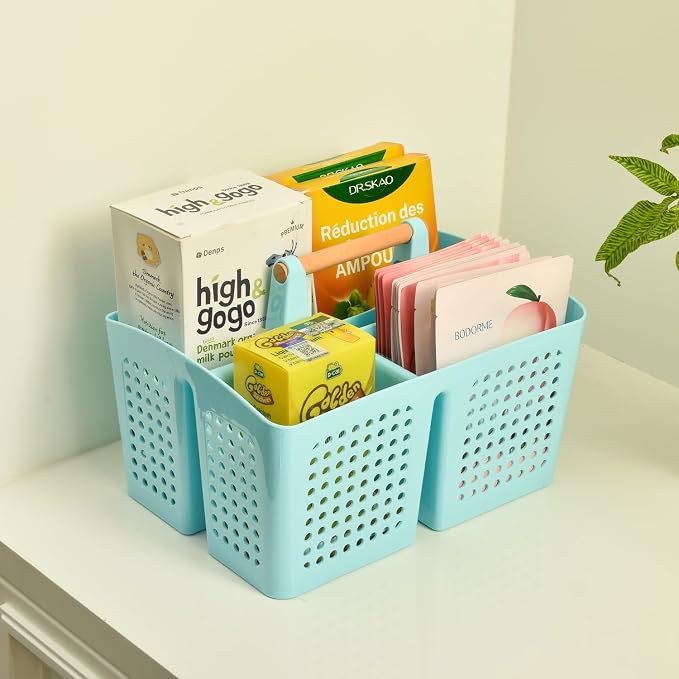 Portable Shower Caddy Basket with Wood Handle, 3-Compartment Bathroom Organizer Tote with Drain Holes, Plastic Shower Basket for Dorm, Toiletries, Cleaning Supplies, Deep Blue