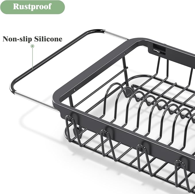 Urackify Expandable Dish Drying Rack Over The Sink, Adjustable Dish Rack in Sink, Rustproof Dish Drainer for Kitchen Counter, Dish Strainer with Utensil Holder (Black, Standard)