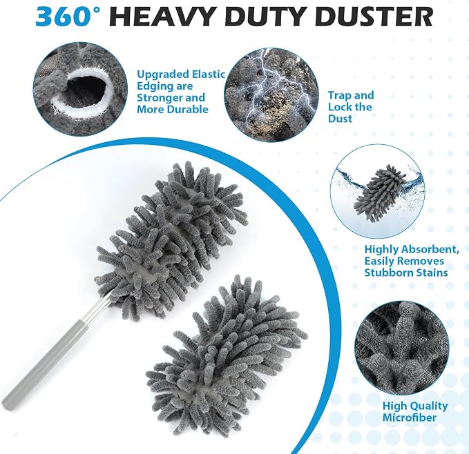 ZZ LAZYCOTTAGE 12 Pack High Duster with Extension Pole, Reusable & Washable Feather Duster, Microfiber Dusters for Cleaning for Ceiling Fan, Sofas, Ceiling, Car, Cabinet, Furniture, Blind(Gray)