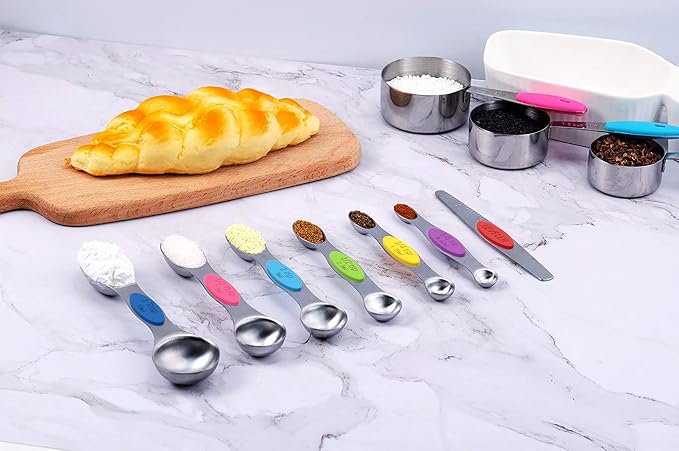 TILUCK Nesting Measuring Cups and Spoons Set, Stainless Steel with Soft Silicone Handle – Heavy Duty & Dishwasher Safe for Measuring Dry/Liquid Ingredients, Ideal for Cooking & Baking (14)