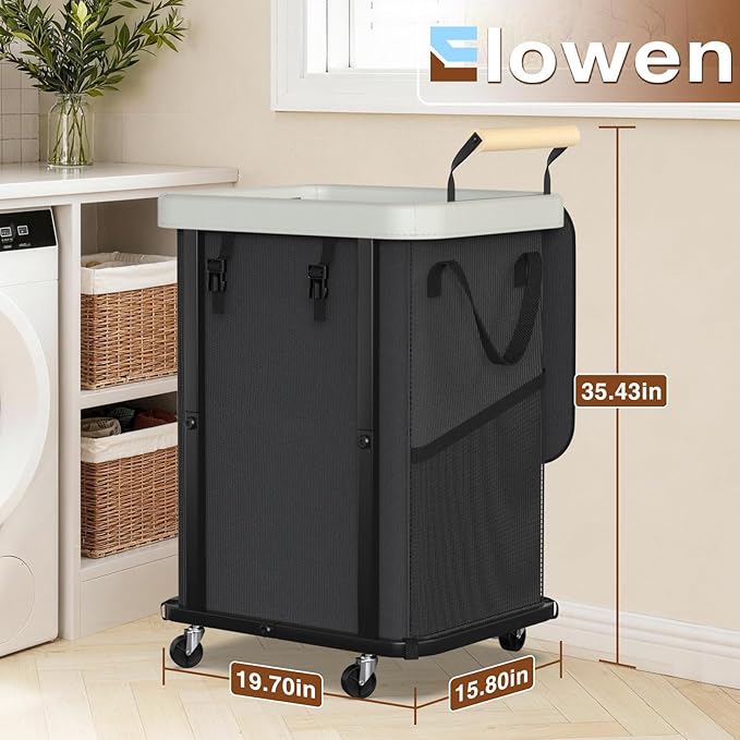 Laundry Hamper with Lid,150L Rolling Laundry Basket with Wheels & Handle | Leather Patchwor Dirty Clothes Hamper,Laundry Basket Organizer for Bedroom Aesthetic,Laundry Room,Dorm - Black Gray