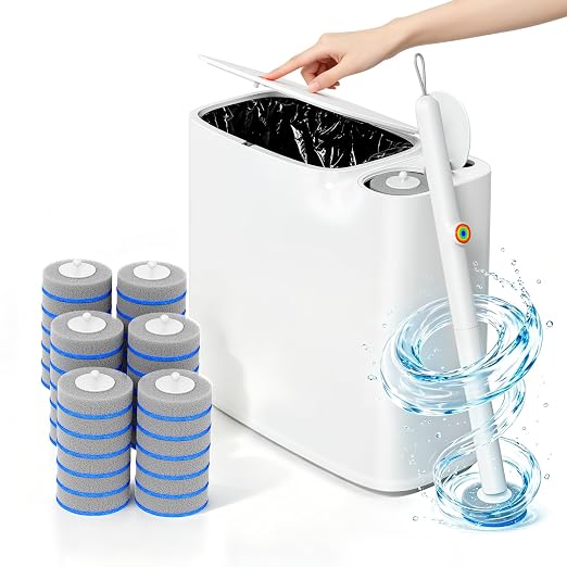 CTIME Bathroom Trash Can Set - Narrow White Plastic Small Trash can, a Toilet Wand, Toilet Brush Holder and 36 Refills, 2 Gallon Trash can with pop-up lid, Suitable for bathrooms and Small Toilets.