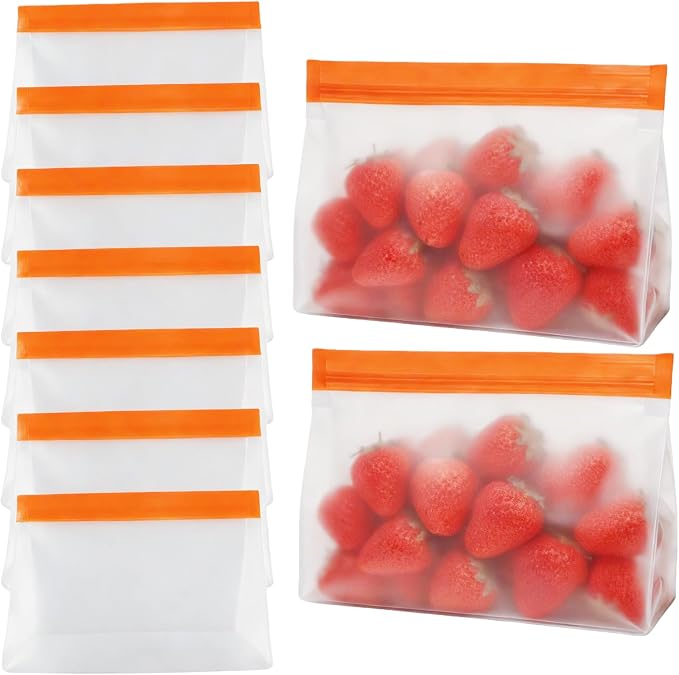 PABCK 9Pcs Reusable Silicone Produce Freezer Bags Self Seal Orange 3S+3M+3L | Stand Up Freezer Food Storage Bags Leakproof Resealable Bag for Sandwich Smell Proof Fridge Organization for Lunch Travel