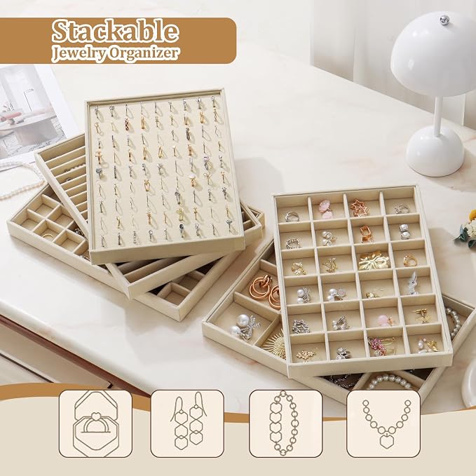 Large Velvet Jewelry Tray 2 Pack Stackable Jewelry Display Drawer Inserts Trays Organizer for Earring Bracelet Necklace Ring (Beige, 16 Grids)