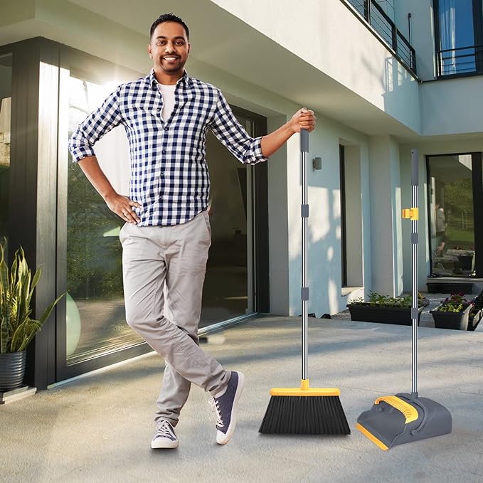 kelamayi Upgrade Broom and Dustpan Set, Broom with Dustpan Combo Set, Self-Cleaning with Dustpan Teeth, Indoor&Outdoor Sweeping, Stand Up Broom and Dustpan (Gray&Yellow)