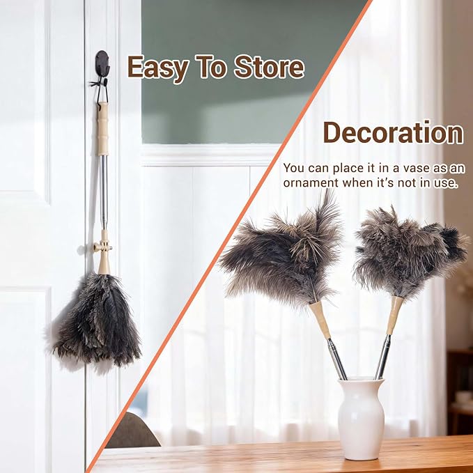Extendable Ostrich Feather Duster, Natural Ostrich Feathers Long Handle Duster for Cleaning, 47” Soft & Fluffy Feather Duster for High Ceilings, Fans, Walls, Furniture, Home Dusting(A11-Ivory)