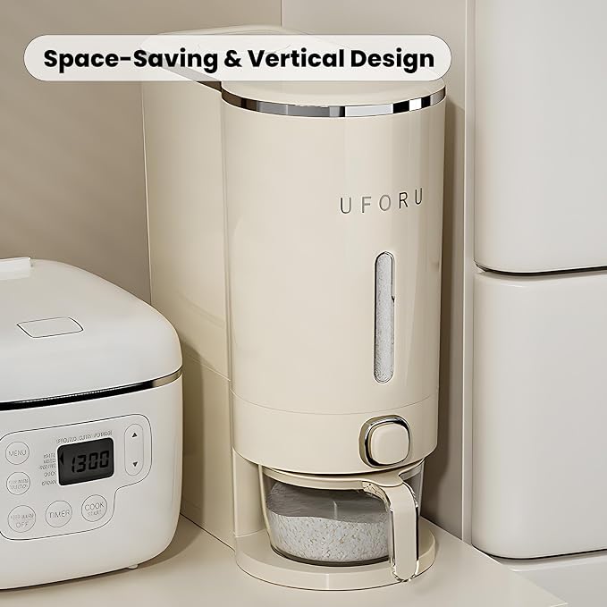 UFORU Rice Dispenser, Rice Storage Container with Measuring Cup for Kitchen Pantry Household, Dry Food Storage Containers Airtight, Sealed Moisture Proof, Cream White 13 Lbs