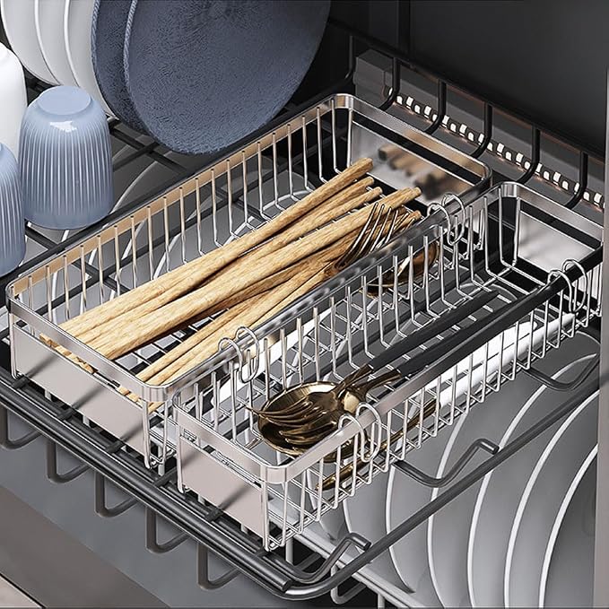 Sturdy 304 Stainless Steel Utensil Drying Rack Basket, Utensil Drying Rack, Basket Holder with Hooks, Rust Proof, No Drilling