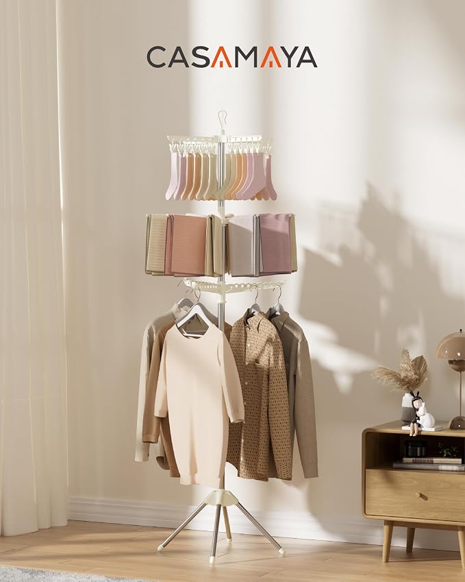 CASAMAYA Clothes Drying Rack Foldable, 79.5 inch 3 Tier Laundry Drying Rack with Rotating Clothes Rail for 27 Pieces of Clothes and 24 Clips for Hanging Socks,Space Saving, White and Silver CDR003W01