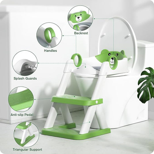 Potty Training Seat, Upgrade Toddler Toilet Seat for Kids Boys Girls, 2 in 1 Potty Training Toilet, Splash Guard Anti-Slip Pad Step Stool(Green-Pu)