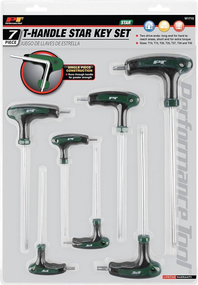 Performance Tool W1713 T-Handle Stardriver Set, 7-Piece | Dual drive ends for reach and torque. Comfortable non-slip molded grips. Sizes include T10 to T40