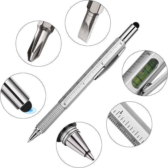 Zhanmai 8 Pcs 6 in 1 Multitool Pen Bulk Gift for Men Multi Tool Ballpoint Pen with Ruler Level Screwdriver Stylus Cool 20 Ink Refill Tool Gadget Birthday Christmas Stocking Stuffers for Adult (Silver)