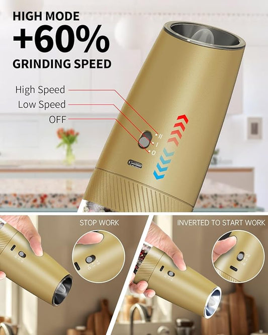 CIRCLE JOY Gravity Electric Salt and Pepper Grinder Set with 2-Speed, Rechargeable Salt and Pepper Grinder Set, Adjustable Coarseness, Whiet LED Light