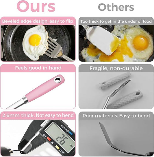 18/0 Stainless Steel Cooking Utensils Set, Heavy Duty Pink Handle for Kitchen Daily Use Party Wedding Housewarming, Dishwasher Safe, 9 Pieces