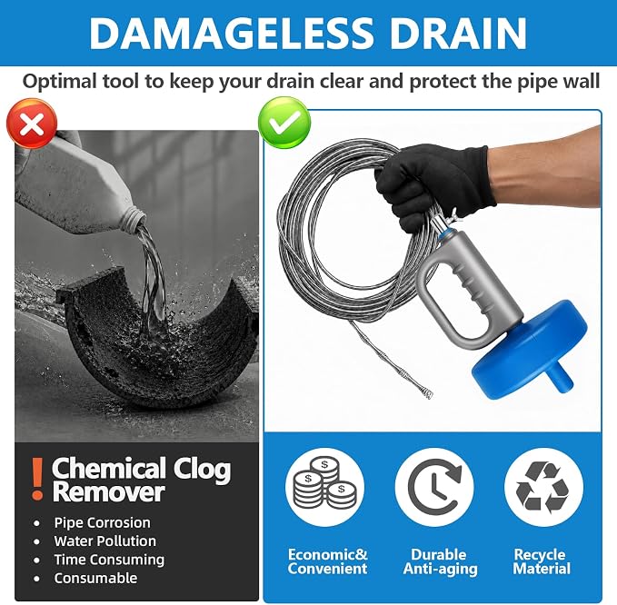 Drain Snake 5Set-33Ft Drain Clog Remover,62inch Heavy Duty Plumbing Snake,20inch Hair Clog Remover,Gloves for Bathtub,Toilet,Sewer,Kitchen Sink,Drainage Pipe(Blue)