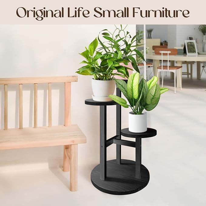 GEEBOBO 3 Tier Plant Stand Indoor, Tiered Wood Plant Stand for Indoor Plants, 21" Height Space Saving Small Corner Plant Shelf, Plant Stands for Tabletop, Balcony, Living Room (Black)