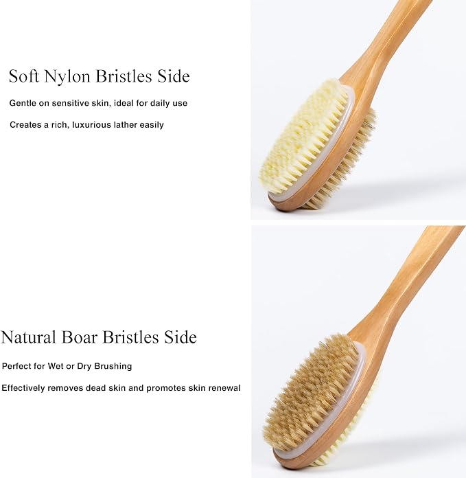 MtBoi Dual-Sided Back Scrubber - Long Bamboo Handle Shower Brush with Anti-Slip Grip, Stiff Natural Boar Bristles for Deep Exfoliation & Soft Nylon Bristles for Gentle Care, Wet/Dry Brushing