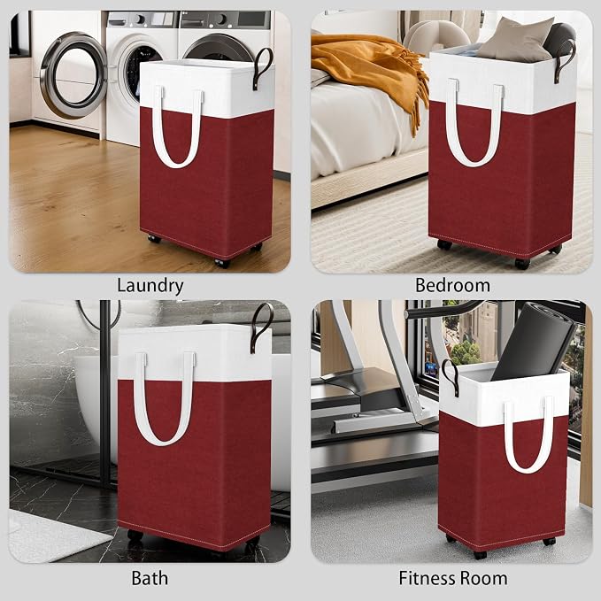 HomeHacks 90L Rolling Laundry Basket with 4 Wheels Collapsible Red | 4 Wheels, Waterproof PEVA Lining, Cotton Flax Fabric, Metal Frame, Bathroom Laundry Room Dorm Storage, Space-Saving Design