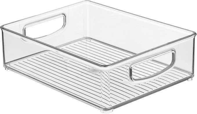 iDesign Plastic Stackable Pantry Bin, Set of 2, Clear | Organizer Bin with Handles, For Cabinets or Fridge