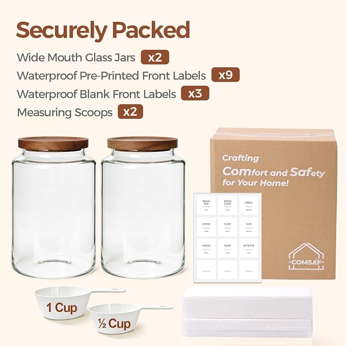 ComSaf 2Pcs (4.2Qt/1Gal) Wide-Mouth Flour Sugar Storage Containers - Include Scoops & Labels, Easy to Scoop & Airtight, Large Glass Jar for Bakers to Store Flour, Rice, and Dry Goods in Kitchen Pantry