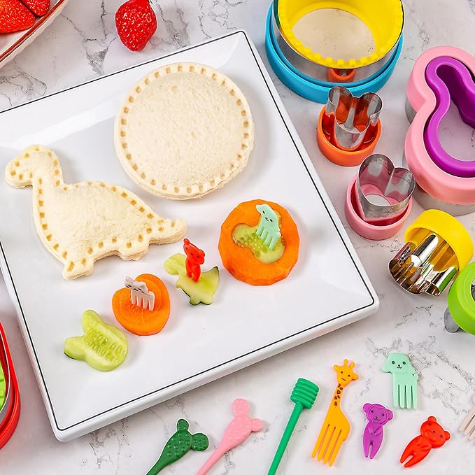 Nifogo Sandwich Cutter for Kids Lunch 48 Pcs (LARGE) | Sandwich Maker, Cookie Cutters and Sealer Set, Stainless Steel, Bread Decruster, Dinosaur Mickey Heart Shape for Boys Girls