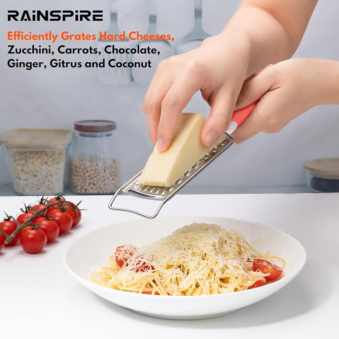 Rainspire Professional Cheese Graters for Kitchen Stainless Steel Handheld, Metal Lemon Zester Grater With Handle For Cheese, Chocolate, Spices, Kitchen Gadgets Tools, Soft Grip Handle (Coral)