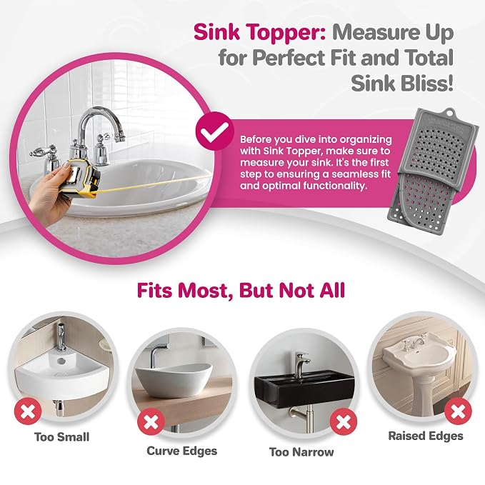 Sink Topper Bathroom Sink Cover for Counter Space, Large Silver | Holds up to 7 lb on a steel frame; fits over basins 19-23 in; 480°F silicone; foldable makeup mat; countertop extender