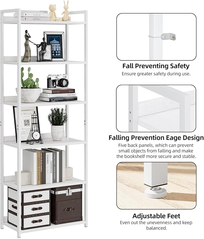 NUMENN Bookshelf, 6 Tier Freestanding Shelving Unit, White | Metal Frame & Wood Shelves, Falling Prevention Baffle, Open Storage Bookcase for Bedroom, Living Room & Home Office