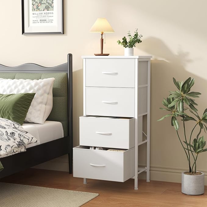 Sweetcrispy Dresser for Bedroom, 4 Drawer Storage Cabinet, Tall Nightstand | Small Fabric White Dresser for Closet, Chest of Drawers, Closet Organizer, Home Furniture, Sturdy Frame
