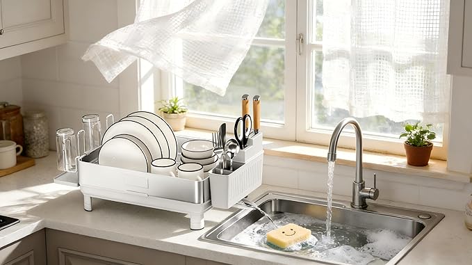 Ewaiira Dish Drying Rack, 304 Stainless Steel Dish Racks for Kitchen Counter, Dish Drainers with Automatic Drainage, Utensil Holder & Cups Holder, Space Saving Kitchen Organizer, White