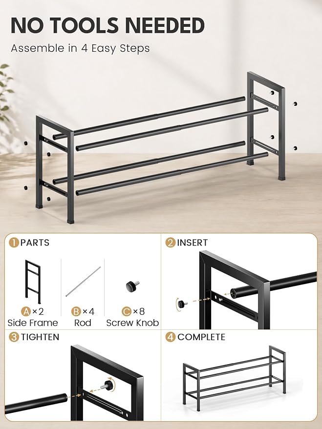 Bumusty 2 Tier Expandable Shoe Rack for Closet, 18“-33” Adjustable Shoe Rack for Small Space, Small Shoe Organizer for Front Door, Sturdy Metal, Black