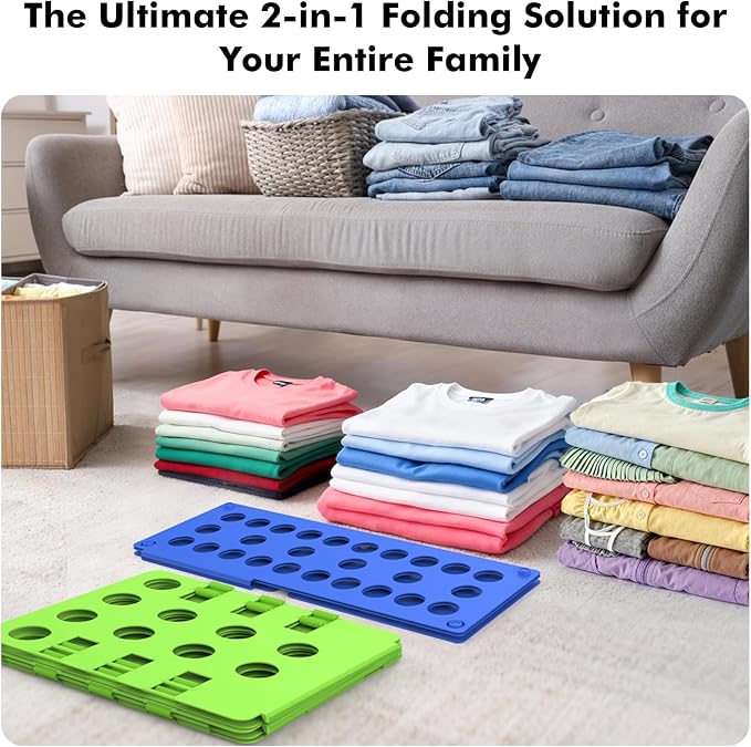 BoxLegend Shirt Folding Board - Easy & Fast Laundry Solution for Kids & Adults (Green & Blue) | Store-Perfect Folds in Seconds, Versatile for All Clothing Types, Covering Everyone's Laundry Needs