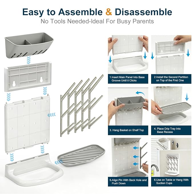 GoMaihe Baby Bottle Drying Rack: Space Saving Vertical Bottle Dryer Holder | The Large Top Compartment Storage Stand Organize Brushes Pacifiers on Countertop - BPA-Free - Gray