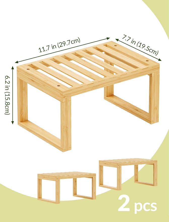 Tomorotec Bamboo Cabinet Organizer Shelf, 2 Pack Stackable Kitchen Counter | Slatted Drainage Top Prevents Water Buildup For Wet Dishes and Bathroom Use Eco Friendly Material Easy Assembly