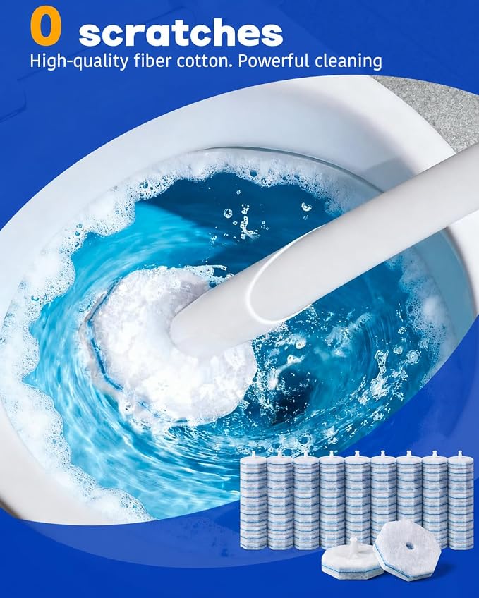 100 pack disposable toilet brush refills compatible with Clorox toilet brushes, water-activated foam, secure snap-on fit, non-scratch cleaning pads, hygienic disposable brush heads