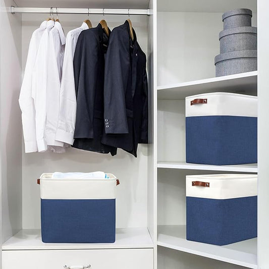 Bagnizer Large Fabric Storage Baskets | 50L Storage Bins, Decorative Linen Closet Baskets with Handles for Organizing, Shelf, Toys, Clothes, Home, Office, Nursery, 17x12x15Inches (Navyblue&White)